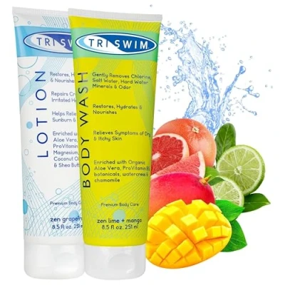 Image of TRISWIM Chlorine Removal Body Care Bundle For Swimmers After Swim Wash and Lotion Shower Gel &amp; Moisturiser Dry Skin Anti Treatment Vegan 2x 251ml