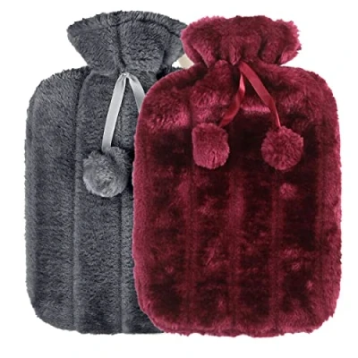 Image of Hot Water Bottle with Cover UK Pack of 2 2L Natural Rubber Bottles Cosy Faux Fur Pom FleeceAssorted Colours Bag for Pain Relief Secure &amp; Leakproof Ideal and Cold Compress