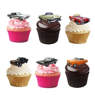 Image of 17 Stand Up USA American Classic Cars Themed Edible Wafer Paper Cake Toppers Decorations