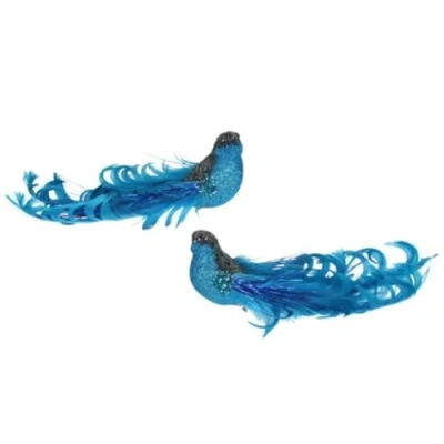 Image of Gisela Graham Set of 2 Blue Glitter &amp; Feather Curly Tail Birds on a clip Wedding Christmas Decoration