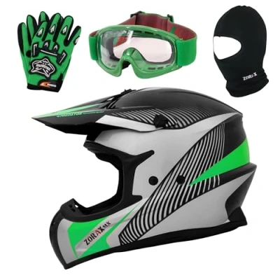 Image of Zorax Black/Silver/Green XL (61cm) ZOR X305 Motocross Helmet &amp; Gloves XL(11cm) Goggles Balaclava MX Quad ATV Sports Enduro Crash Dirt Bike ECE 22.06 Certified