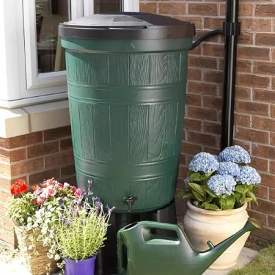 Image of 200L Litre Wood Effect Green Barrel Water Butt with Child Safe Locking Lid, Stand &amp; Rain Diverter Drainpipe Kit.