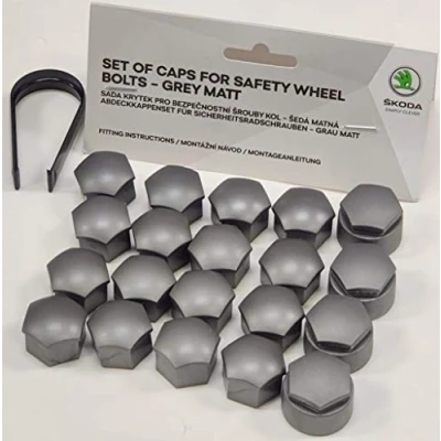 Image of Skoda Genuine Alloy Wheel Bolt Nut Caps Covers 17mm (Grey Matt + Tool)
