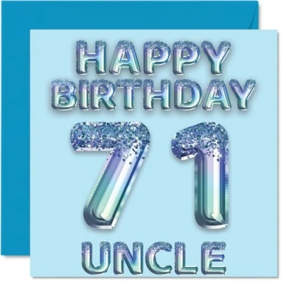 Image of 71st Birthday Card for Uncle Blue Glitter Party Balloons Happy Cards 71 Year Old from Nephew Niece, 145mm x Bday Greeting Gift