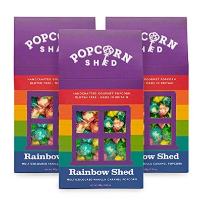 Image of Popcorn Shed 3 x Rainbow Gourmet Sheds, Multicoloured Vanilla Caramel Flavoured 80g, Gift