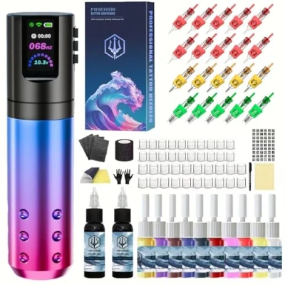 Image of Tattoo kit POSEIDON, Pen with 20 PCS Cartridge Machine, 1800mAh Capacity Wireless Power, Gun Japan Coreless Motor Digital Display for Equipment