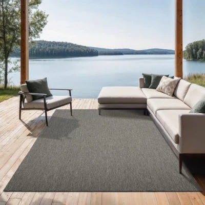 Image of the carpet Mistra Robust Outdoor Rug, Modern, Weatherproof and UV Resistant, for Balcony, Patio Conservatory, But Also Suitable Kitchen, Flat Woven, Border, Anthracite, 80 x 150 cm