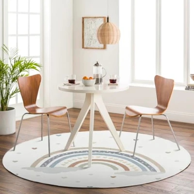 Image of Livabliss Rainbow Washable Kids Rug Childrens for Bedroom 160x160 cm, Machine Girls &amp; Boys Rug, Playroom Nursery Rugs Girl or Boy Room Baby Carpet, Cream