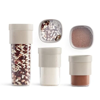 Image of Lékué Set Kitchen Food Storage Jars, Flip Set, Beige, L/M