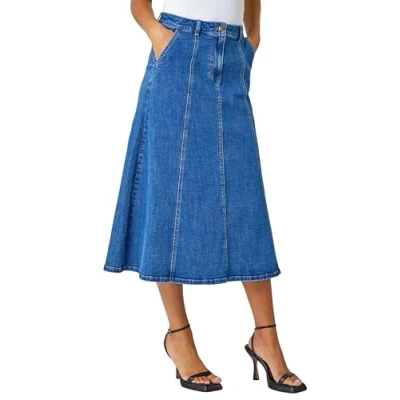 Image of Roman Originals Cotton Denim Panelled Midi Skirt for Women UK Ladies Everyday Autumn Winter Comfy Soft Evening Vacation Work Party Night Out Size 10
