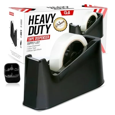 Image of Heavy Duty, Tape Dispenser Weighted, Non Skid Rubber Base High Quality, Sharp Cutting Blade Black, Desktop Adhesive Distributor Uniform One Hand Dispensing