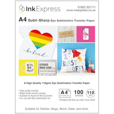 Image of Ink Express Subli Sharp 110gsm Dye Sublimation Transfer Paper Compatible with EPSON, SAWGRASS, RICOH, Brother Printers (100 Sheets)