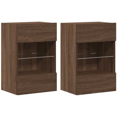 Image of vidaXL Wall Cabinets with LED Lights for TV 2 pcs Brown Oak 40x30x60.5 cm