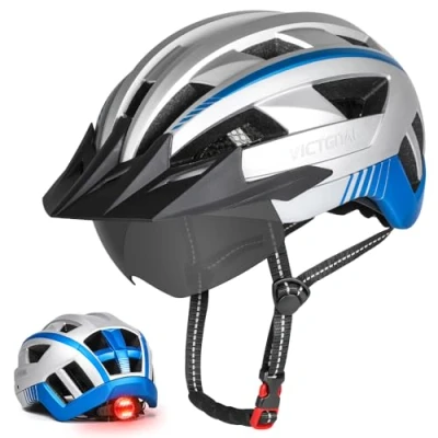 Image of VICTGOAL Bike Helmet MTB with Removable Magnetic Goggles Detachable Sun Visor and LED Rear Light Road for Adult Men Women Safety (Silver, XL: 59 63 cm)