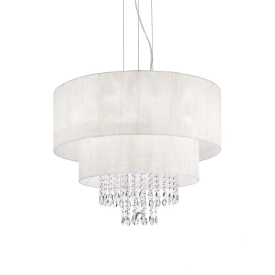 Image of Opera 6 Light Ceiling Pendant Chrome, Crystals with And White Shade, E27
