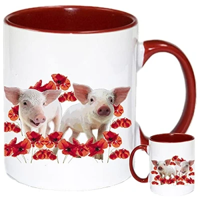 Image of Pig Mug. Pink Pigs in Poppy Field Gift Mug, Piggy Picture on 11oz Coffee Mug/Tea Cup. Red Handle and Inner