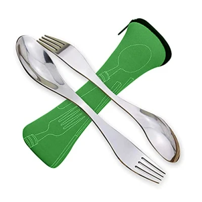 Image of Pack of 2 Portable Stainless Steel Sporks Camping Cutlery Spoon Fork