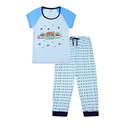 Image of FRIENDS Central Perk Long Cotton Pyjamas for Women Cafe TV Show Ladies PJ Set (10 12) Blue
