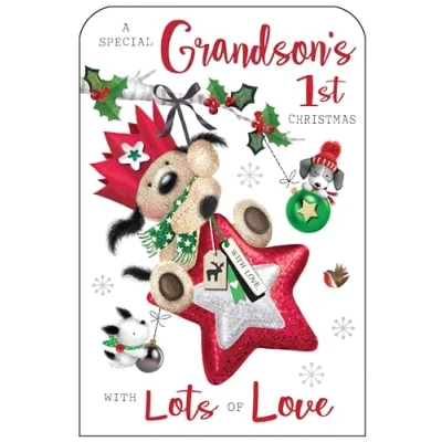 Image of Jonny Javelin Special Grandson&#039;s First Christmas Card Cuddly Dogs and Baubles with Foil, Flitter Embossed Details