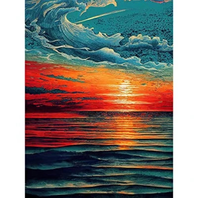 Image of Artery8 Seascape Scarlet Sunrise Fiery Horizon Clouds Unframed Wall Art Print Poster Home Decor Premium