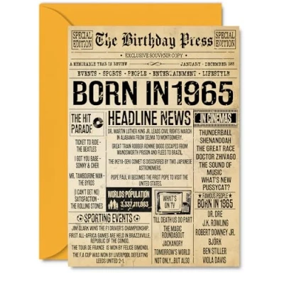 Image of 60th Birthday Card for Women Men Bday Press Newspaper 1965 Happy 60 Cards Nanny Cousin Sister Nan Grandma Grandad, A5 Greeting