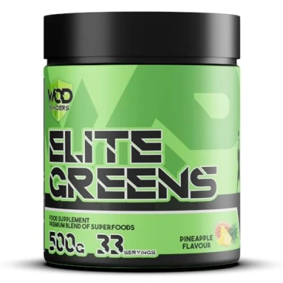 Image of Elite Greens Powder WOD Powders 34 Vegan Superfoods Natural Freeze Dried Ingredients, Greens, Fruits, Berries, Vegetables, Prebiotics, Probiotics &amp; Digestive Enzymes 500g (Pineapple)