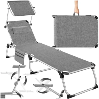 Image of TecTake® Folding Sun Lounger Adjustable 6 Position Backrest, Canopy &amp; Headrest, Rust Free Aluminium Frame with Side Pocket, Weather UV Resistant Garden Chair for Patio Pool Mottled Grey
