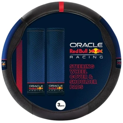 Image of Red Bull Racing Steering Wheel Cover Universal Fit, Perforated Leather with Cloth Grips, Sporty Design, Protects &amp; Enhances Your Vehicle’s Style (RBSWCK002BR)