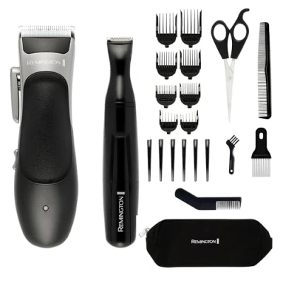 Image of Remington Hair Clipper and Detail Trimmer (25 Piece kit incl. 6 Sectioning Clips, Comb attachments (3mm 25mm), Ear Taper Combs, Scissors, Storage Pouch etc., 40 Minutes Cordless Usage) HC367
