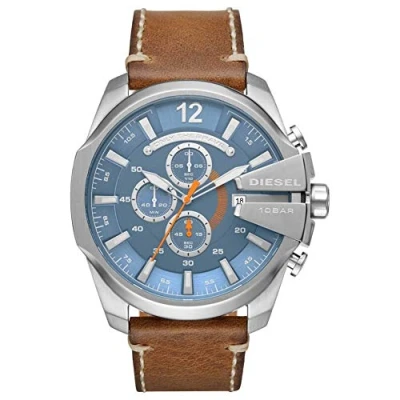 Image of Diesel Watch for Men Mega Chief, Quartz Chronograph Movement, 51 mm Silver Stainless Steel Case with a Leather Strap, DZ4458