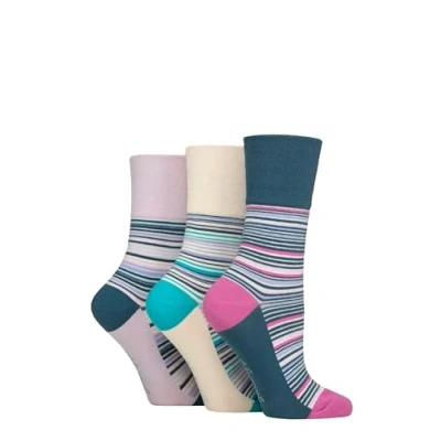 Image of Women&#039;s 3 Pair Gentle Grip Cotton Patterned and Striped Socks Flow Mixed Stripe Cream / Blue Lilac 4 8