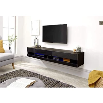 Image of GFW Galicia Wall Mounted High Gloss Featuring A LED Downlight, This Floating TV Unit Console &amp; Television Stand for Living Entertainment Room with Storage Shelves, Engineered Wood, Black, 150cm