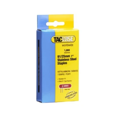 Image of Tacwise 1071 Type 91 / 25 mm Stainless Steel Narrow Crown Staples, Pack of 1,000