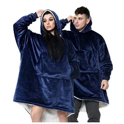 Image of GC GAVENO CAVAILIA Hug And Snug Hooded Blanket Giant Hoodies Oversized Sweatshirt, Fluffy Jumper Plain Navy Hoodie, One Size Hoody