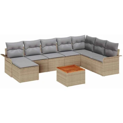 Image of vidaXL 9 Piece Garden Sofa Set with Cushions Beige Poly Rattan Acacia