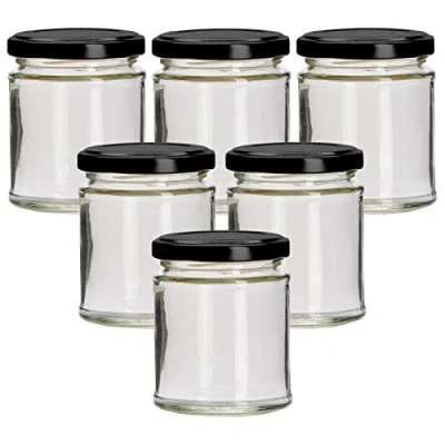 Image of 190ml Round Glass Food Jar With Black Twist Off Lid Pack Of 6