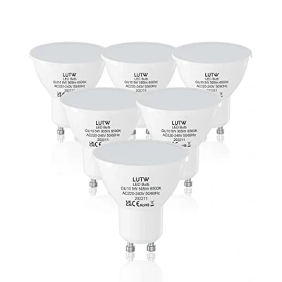 Image of LUTW GU10 LED Bulbs Cool White, 5w Equivalent to 40W Halogen Spotlight Bulb, Non dimmable Energy Saving Light AC220 240V 6500K 505Lm 120 Wide Beam Angle, Pack of 6
