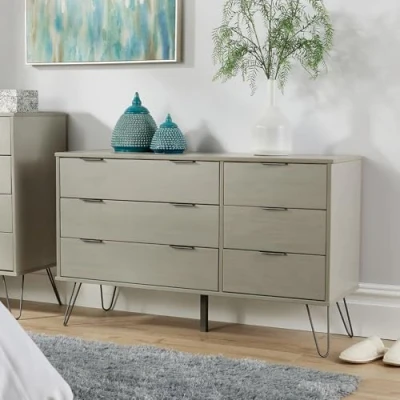 Image of Home Source Acadia Chest Cabinet Organiser Industrial Wooden Bedroom Storage Unit, Pine, Grey, 6 Drawer