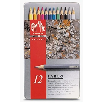 Image of Caran Dache Pablo Set Of 12 Colour Pencils Water Resistant Artist Sketching Metal Case Tin 0666_312