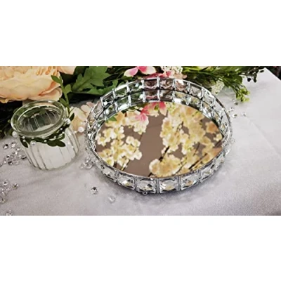 Image of 20cm ROUND SHAPE MIRROR CANDLE TRAY JEWELLED DIAMANTE MIRRORED CRYSTAL PLATE WEDDING TABLE