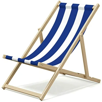 Image of Deck Chair Traditional Wooden Sun Lounger Wood Chairs for Adults Foldable Hardwood Beach Folding Outdoor, Seaside and Garden Oxford Fabric Blue Stripe