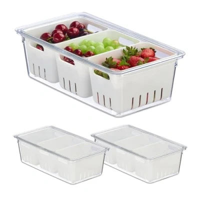 Image of Relaxdays 3X Fridge, Stackable, 3 Draining Baskets, Food Organiser, Lid, 10 x 32 17.5 cm, Transparent/White