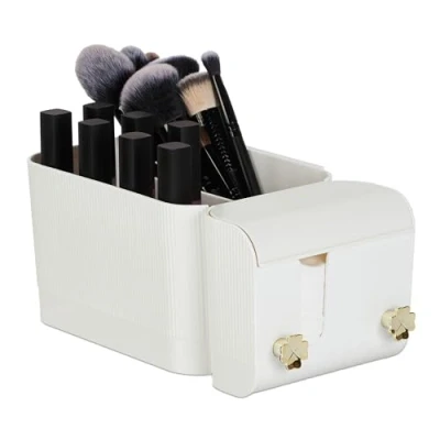 Image of Relaxdays Cosmetics Organiser, 4 Compartments &amp; 2 Hooks, for Cotton Buds, Adhesive Wall Mounting, Plastic, White/Gold