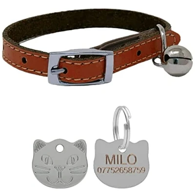 Image of Genuine Leather Cat Collar with Safety Elastic &amp; Bell Personalised Engraved Face Tag (Brown)