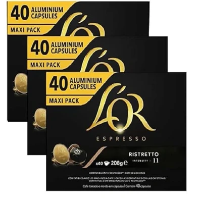 Image of L&#039;Or Espresso Coffee Ristretto Intensity 11 Nespresso* Compatible Aluminium Capsules 3 Packs of 40 (120 Drinks)