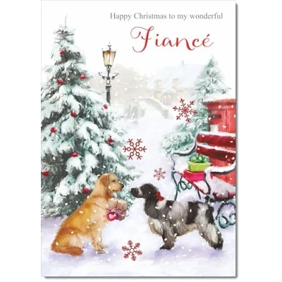 Image of doodlecards Fiance Christmas Card Two Dogs in Snow Medium Size with Plain Red Envelope, 21 x 15cm