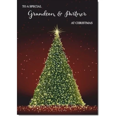 Image of doodlecards Grandson and Partner Christmas Card Green Tree Medium Size for &amp; with Plain Envelope