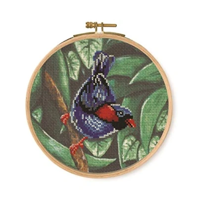 Image of DMC Parakeet Cross Stitch Kit, Includes Embroidery Threads, Needle, Wooden Drum and Instructions