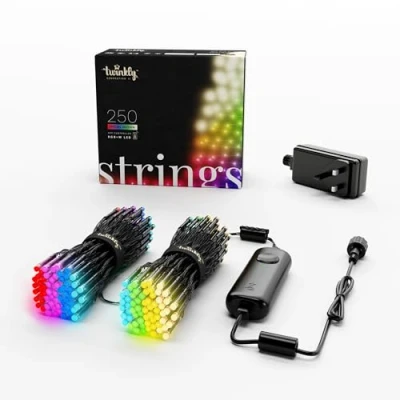 Image of Twinkly Strings Christmas Lights with 250 RGB LEDs Indoor and Outdoor Fairy Decorations App Controlled Lighting, Black Wire, 20m