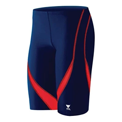 Image of TYR Men&#039;s Alliance Splice Jammer Swimsuit Swim Trunks, Navy/Red, 32
